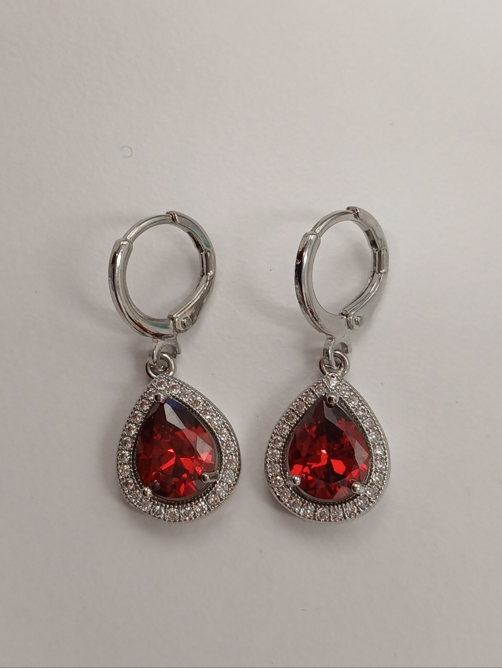 NEW! White Gold Plated Drop Earrings with Red Teardrop Stones By Pretty Bird